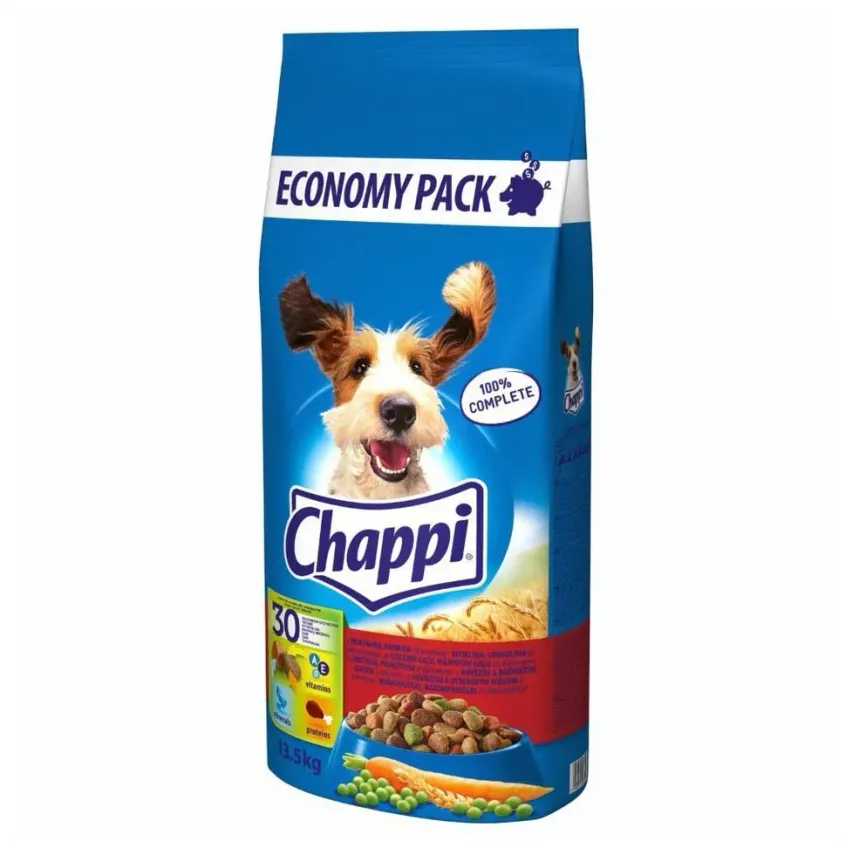 Ein Beutel Chappi Hundefutter mit einem fröhlich aussehenden Hund, gekennzeichnet als Economy-Pack. Der Beutel wiegt 13,5 kg und enthält eine Mischung aus Hundefutter.