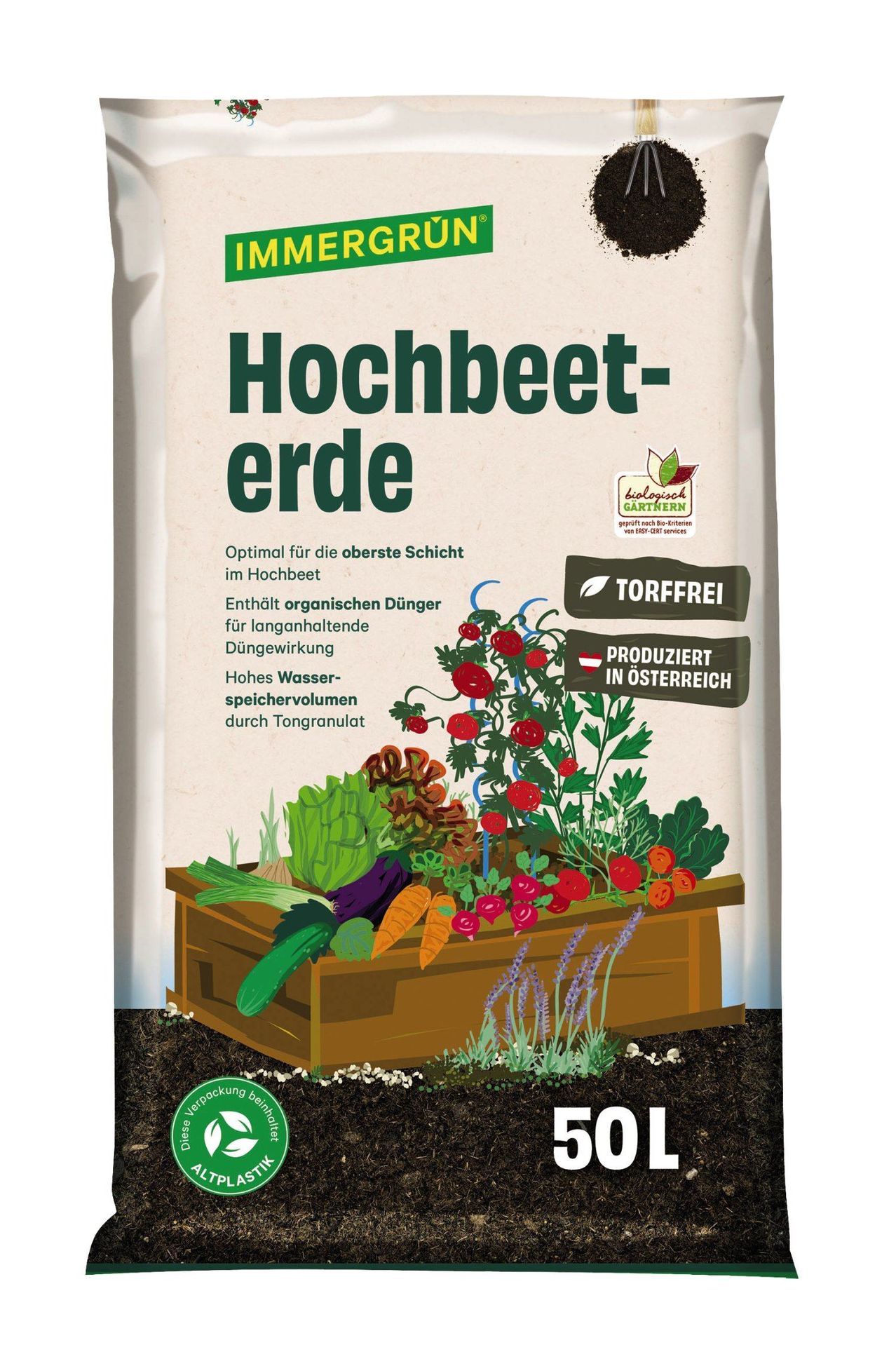 Ein Beutel Hochbeet-erde, ein organischer Gartenboden für Hochbeete, hebt seine torffreie Zusammensetzung, langanhaltende Düngeeffekte und hohe Wasserspeicherkapazität hervor. Das Produkt wird in Österreich hergestellt.