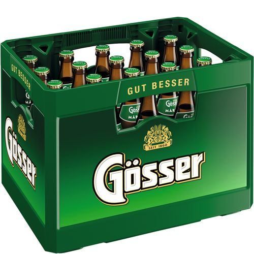 Ein grüner Kasten mit dem Etikett 'Gösser' enthält zwölf Bierflaschen, angeordnet in einem 3x4-Raster. Der Kasten ist mit 'Gut Besser' beschriftet und das Markenlogo ist prominent angebracht.