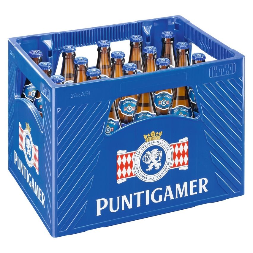 Ein blauer Plastikkasten gefüllt mit Puntigam-Bierflaschen, jede mit einem blauen Verschluss und einem Logo mit einem Löwen und einer Krone. Der Kasten ist mit dem Wort Puntigam beschriftet und hat ein rot-weißes Karomuster.