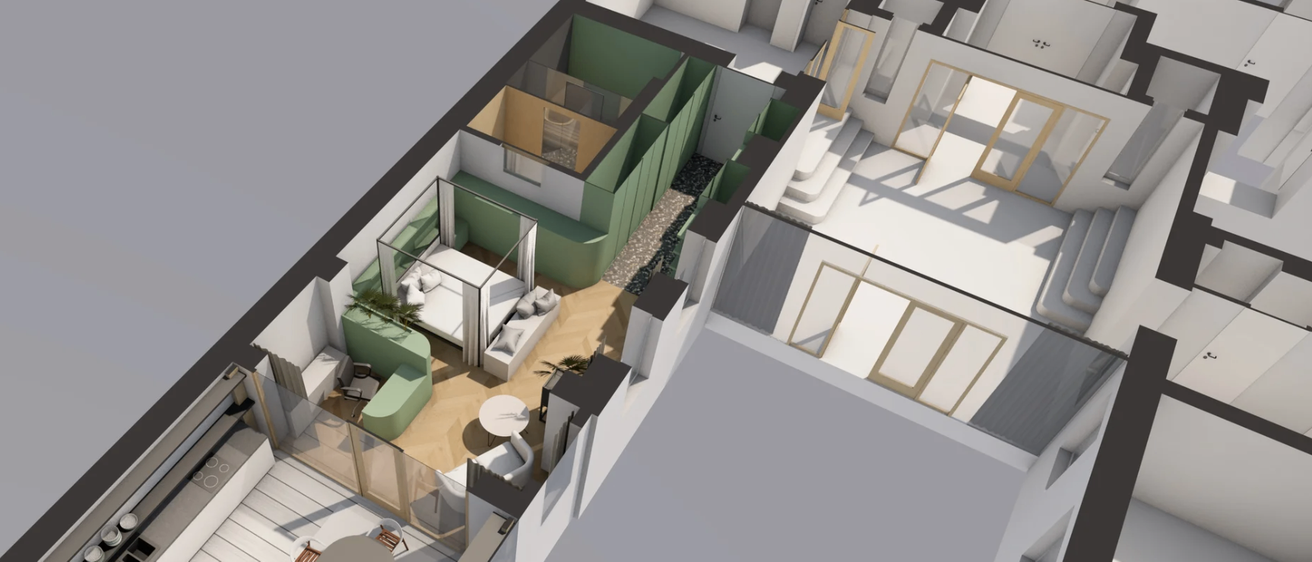 Eine Vogelperspektive einer modernen Inneneinrichtung mit einem Schlafzimmer mit Himmelbett, einem Wohnbereich mit Tisch und einer Außenterrasse mit Glaszaun.