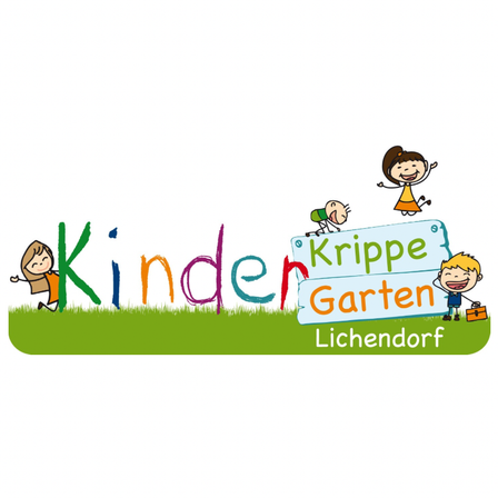 Das Logo für Krippe Garten Lichensdorf zeigt vier Kinder in einem grünen Feld mit einem Schild, das 'Krippe Garten' und 'Lichensdorf' darunter steht.