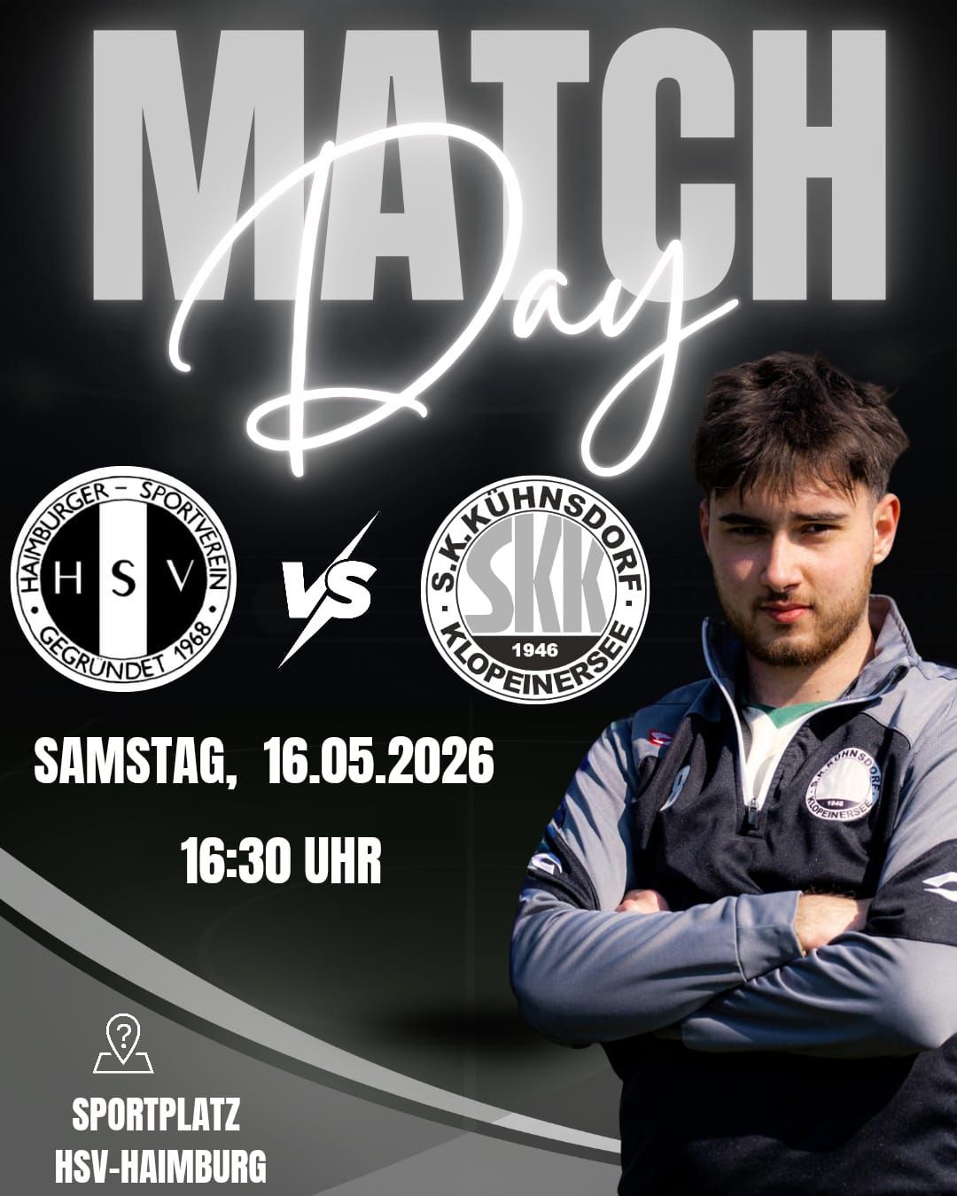 A poster for a sports match features two teams, HSV and SKK, on Saturday, May 16, 2026, at 4:30 PM. A man in a sports jacket stands in front of the poster.