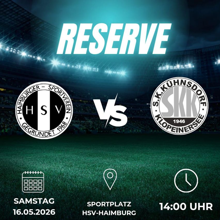 A soccer match between HSV and SKK is scheduled for May 16, 2026, at 2 PM on the HSV-Hamburg sports field.