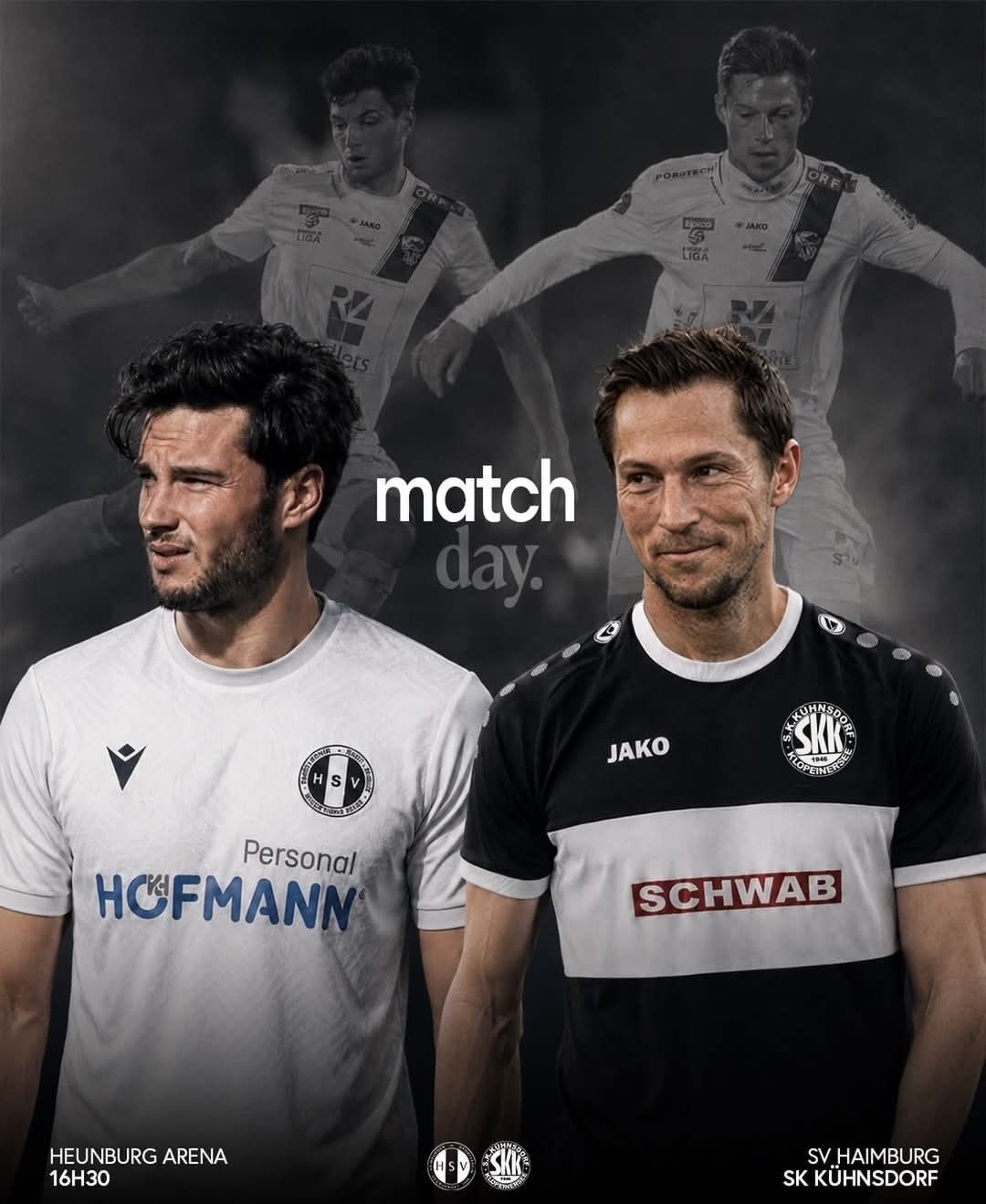 Two soccer players stand side by side, both wearing their team's jerseys. One wears a white shirt with Personal Hofmann, and the other wears a black and white shirt with Schwab. Behind them, blurred figures of other players are also wearing white jerseys. The background reads 'match day'.