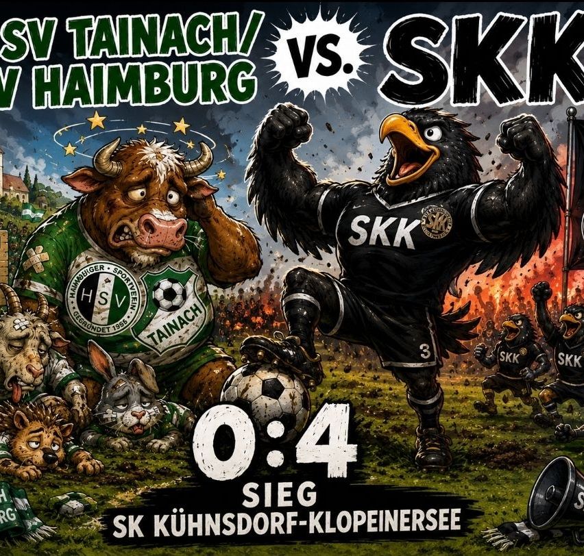 Poster for a soccer match between SV Tainach and SK Kühnsdorff-Klopeinerssee, featuring cartoon animals and players, with a score of 0:4.