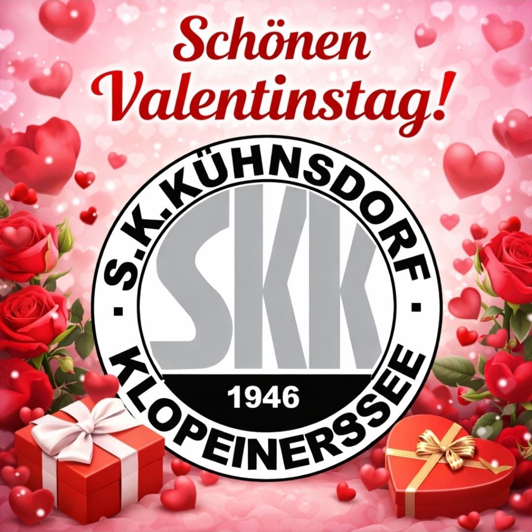 Poster with pink background with roses and hearts. Central emblem reads 'S.K.Kühnsdorf' and 'Klopapiersee'. Date 1946 is displayed in the center. Gifts on both sides of the emblem.
