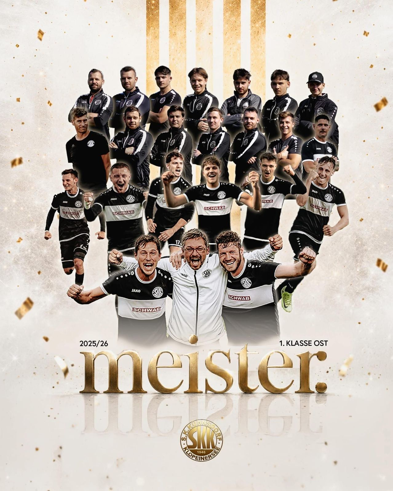 A soccer team in black and white jerseys poses for a photo, celebrating a victory. The players are smiling and making celebratory gestures. The team is labeled as Meister. The year is 2025/26.