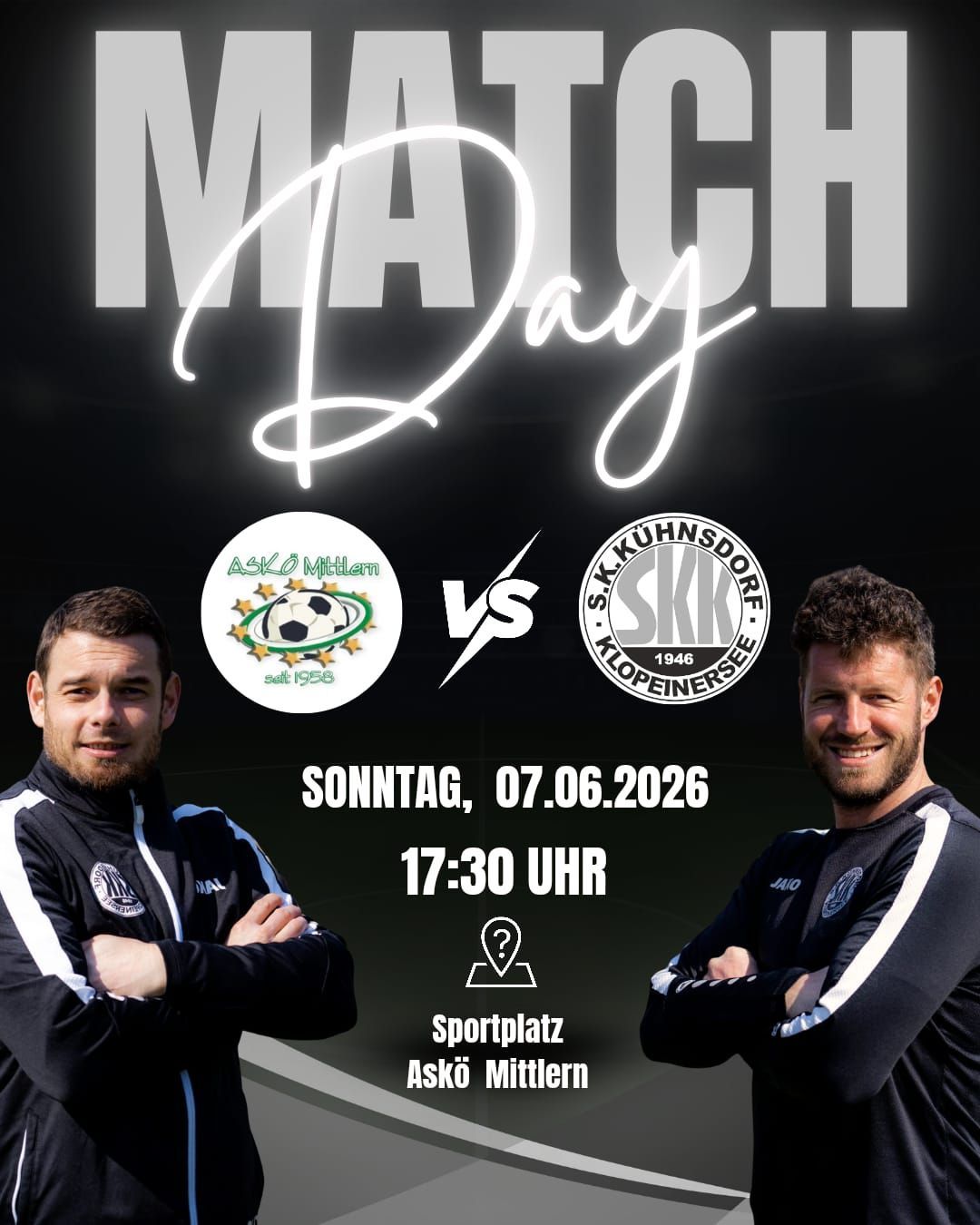 Two soccer players stand in front of a black background with white text. They are wearing black uniforms. The image contains the date of a match.