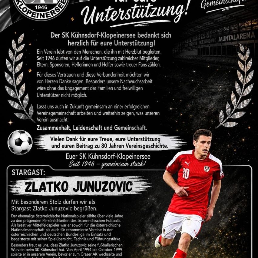 Poster for SK K"oinsdorf-Klopeinersdorf, celebrating 80 years. It features a soccer player, Zlatko Junuzovic, and thanks supporters for their trust and contributions. The club is grateful for the support of families and fans since 1946.