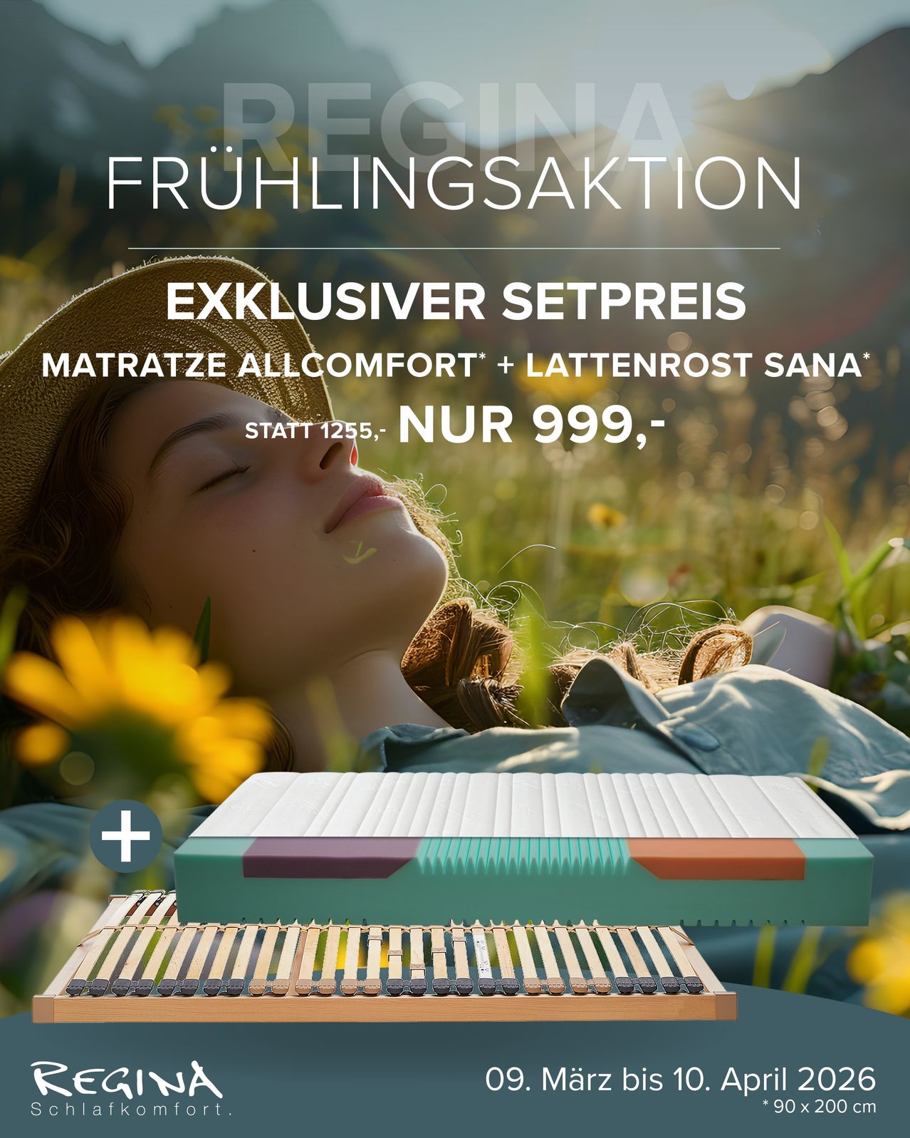 Eine Werbung für einen Frühlingsverkauf. Es zeigt eine Frau, die im Freien schläft, wobei eine Matratze und ein Bettrahmen zur Schau gestellt werden. Das Angebot beträgt einen Setpreis von 999 statt 1255.