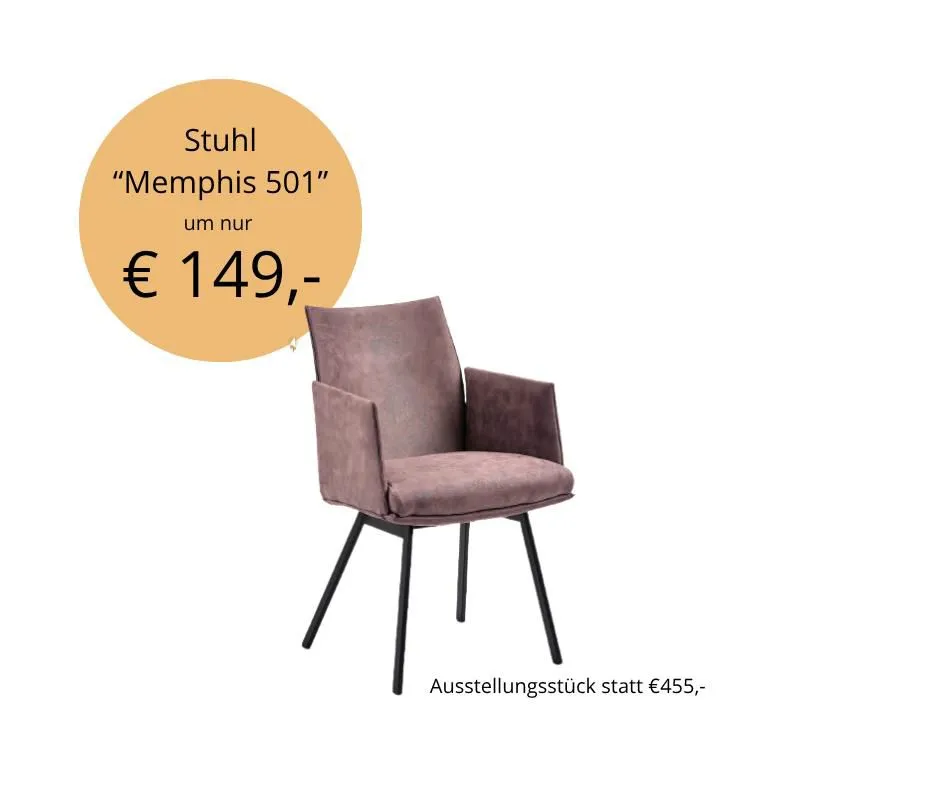 Ein brauner Samtstuhl namens Memphis 501, zum Preis von 149 Euro, auf weißem Hintergrund präsentiert.