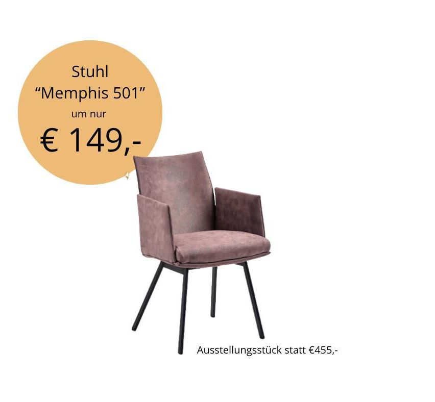Ein brauner Samtstuhl namens Memphis 501, zum Preis von 149 Euro, auf weißem Hintergrund präsentiert.