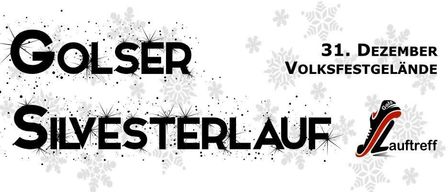 Poster for Golser Silvesterlauf, a New Year's Eve running event. Date: December 31. Features snowflakes and a running shoe.