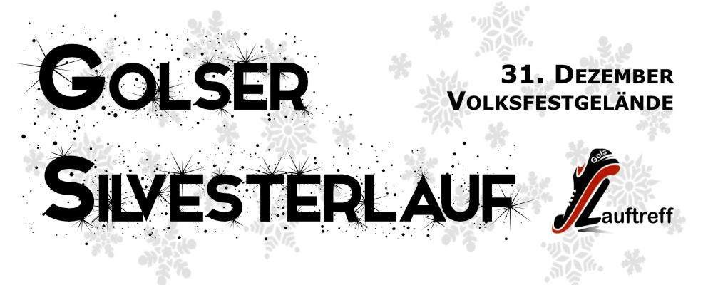 Plakat für den Golser Silvesterlauf, ein Neujahrslauf. Datum: 31. Dezember. Mit Schneeflocken und Laufschuh abgebildet.
