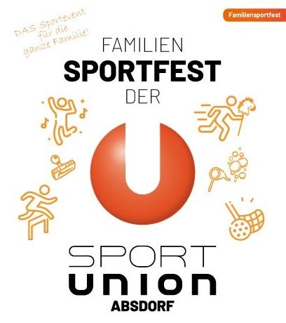 Ein Werbeposter für das Sportfest der Sport Union mit einem orangefarbenen 'U'-Logo und verschiedenen Illustrationen von Menschen, die an Sport teilnehmen.