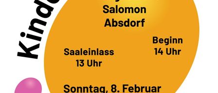 Ein Plakat für einen Kinderfasching mit Ballons, einschließlich Zeitplan, Veranstaltungsort und Aktivitäten wie Spielen, Spaß und Tanzen. Datum der Veranstaltung: Sonntag, 8. Februar 2026. Saaleinlass um 13 Uhr, Beginn um 14 Uhr. Ort: Landgasthaus Salomon Absdorf.
