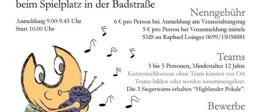 Ein Plakat für die Fun Highland Games in Absdor, Österreich, am 4. Oktober 2026. Es zeigt einen Cartoon-Charakter, der Dudelsack spielt, mit Informationen über die Veranstaltung, einschließlich Anmeldedetails, Teambildung und Kleiderordnung.