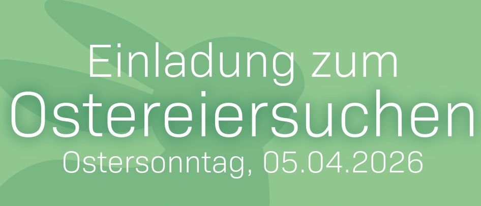 Einladung zum Ostereiersuchen am Ostersonntag, 05.04.2026, für Kinder bis 10 Jahre bei Obstgärten der Familien Schulter und Strohriegl, mit einem Korb voller bunter Eier.