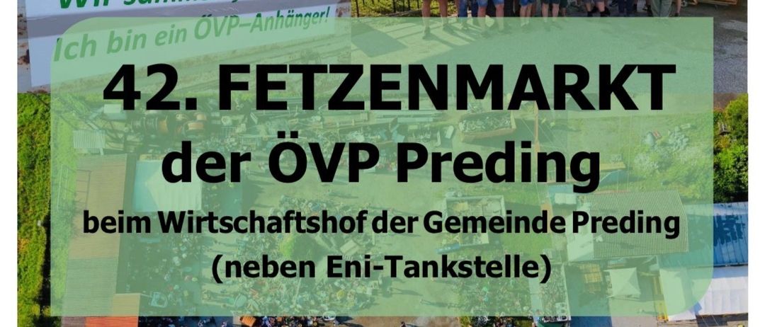Ein Banner mit grünem Text. Darunter stehen Menschen in grünen Shirts in einer Gruppe. Eine Luftaufnahme eines Marktes.