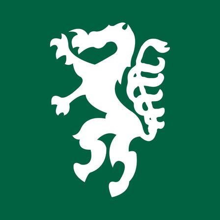 Ein weißer Löwe mit einem herzförmigen Zeichen auf der Brust ist auf einem grünen Hintergrund abgebildet. Der Löwe befindet sich in einer Laufposition.