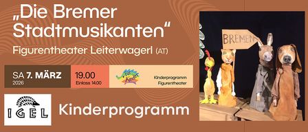 Poster for a children's program featuring puppets. The image shows puppets of a donkey, a cat, and a chicken. The cat is holding a sign reading 'BREMEN'. The date is March, the time is 19.00, and admission is 14.00.