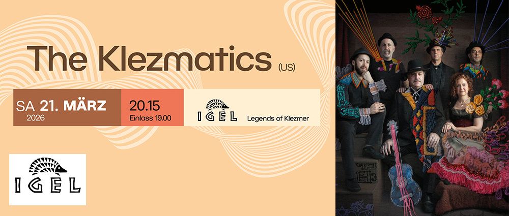 Ein Eventposter für Klezmatics, eine US-Band, geplant für den 20. März 2015 um 19:00. Das Poster enthält ein Bild der Band auf der rechten Seite.