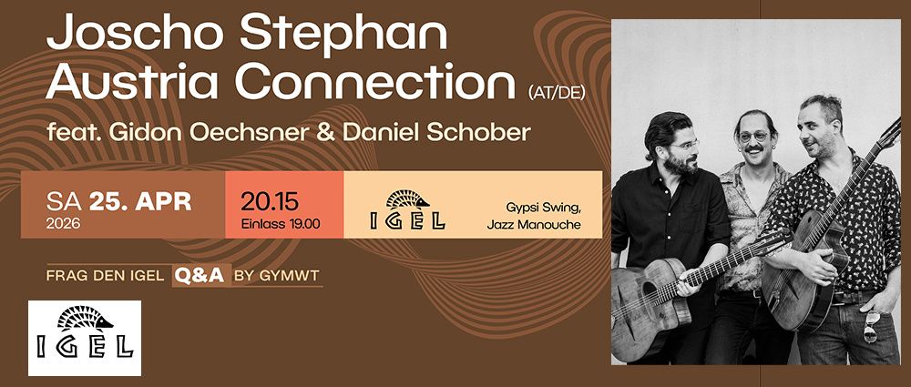 Plakat für Scho Stephanstria Connection mit den Künstlern Gideon Oechsner und Daniel Schober. Veranstaltungsdetails umfassen Datum 5. April, Beginn um 19:15 Uhr und Q&A-Sitzung von gym.wt. Genannte Musikstile sind Gypsy Swing und Jazz Manouche.
