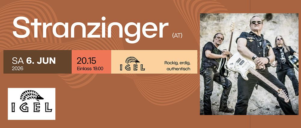 Ein Werbebild für eine Rockband namens 'tranzinger' mit zwei Männern, die Gitarren spielen, vor einem braunen Hintergrund. Das Datum und die Uhrzeit der Veranstaltung sind 20.15 am 19. Juni um 19:00 Uhr.