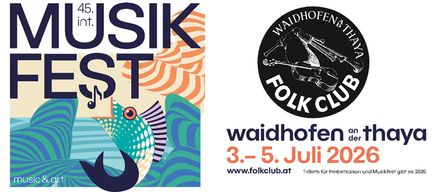 Plakat für das Internationale Musikfestival Waidhofen an der Thaya. Zeigt einen Fisch mit einer Musiknote und ein Logo mit einer Geige. Termine 3.-5. Juli 2026.