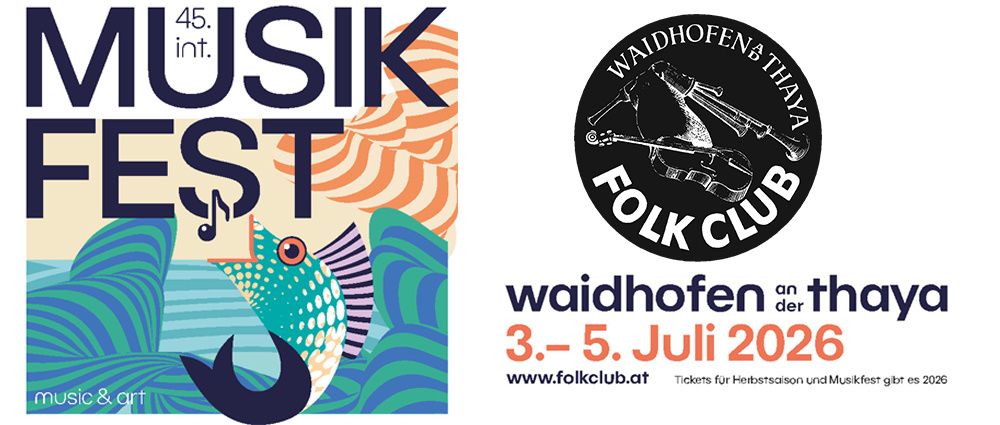 Plakat für das Internationale Musikfestival Waidhofen an der Thaya. Zeigt einen Fisch mit einer Musiknote und ein Logo mit einer Geige. Termine 3.-5. Juli 2026.