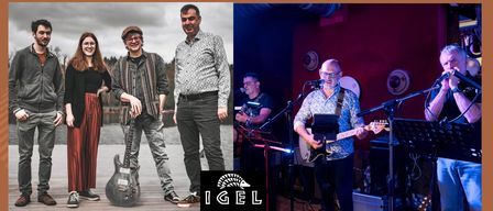 Eine Gruppe von Musikern in zwei verschiedenen Umgebungen, eine im Freien und eine drinnen, mit dem Bandnamen IGEL in der Mitte.