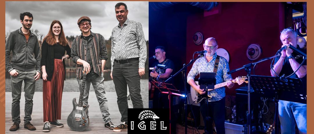 Eine Gruppe von Musikern in zwei verschiedenen Umgebungen, eine im Freien und eine drinnen, mit dem Bandnamen IGEL in der Mitte.