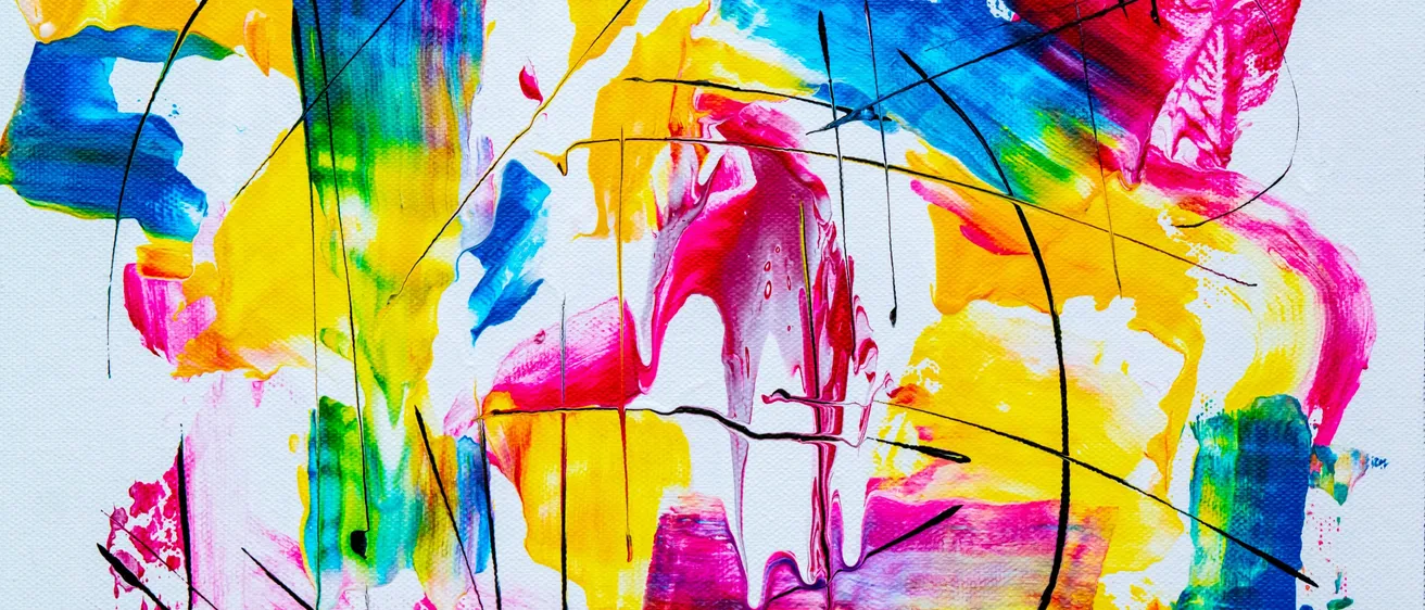 Ein abstraktes Gemälde mit leuchtenden Farben wie Rot, Gelb, Blau und Grün. Das Kunstwerk hat kräftige schwarze Linien, die eine dynamische und chaotische Komposition erzeugen.