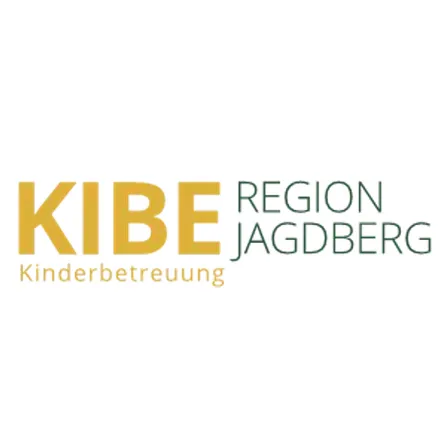 Das Logo für Kibe Region Jagdberg, ein Kinderbetreuungsdienst, ist auf weißem Hintergrund abgebildet. Der Text 'Kibe' ist gelb und 'Region Jagdberg' grün. Darunter steht 'Kinderbetreuung' in Schwarz.