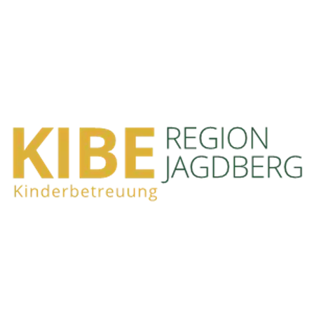 Das Logo für Kibe Region Jagdberg, ein Kinderbetreuungsdienst, ist auf weißem Hintergrund abgebildet. Der Text 'Kibe' ist gelb und 'Region Jagdberg' grün. Darunter steht 'Kinderbetreuung' in Schwarz.