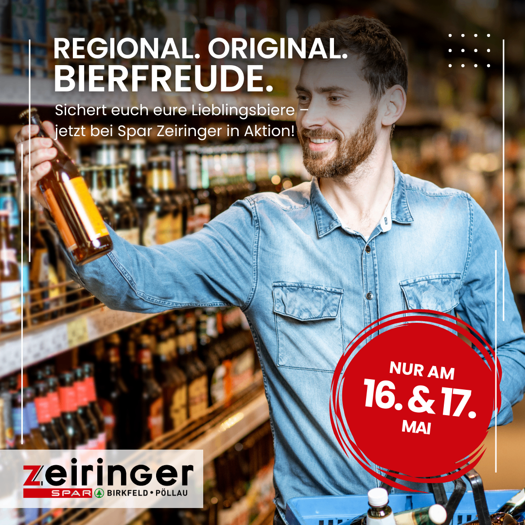 Ein Mann hält eine Flasche Bier in einem Laden, umgeben von Regalen mit regionalen Bieren. Der Text lautet 'Regional. Original. Bierfreunde.' und 'Nur am 16. & 17. Mai.'