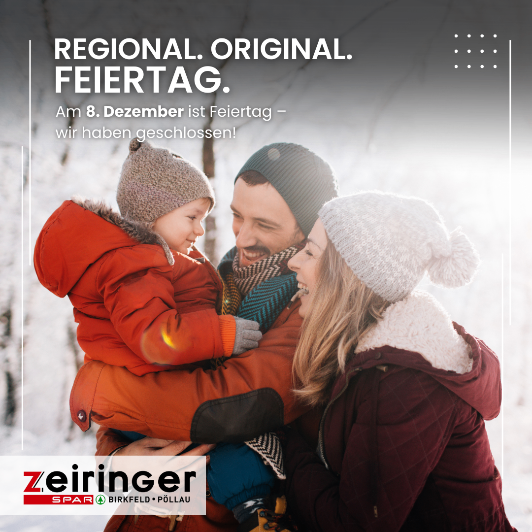 Eine Familie genießt einen verschneiten Tag, ein Schild weist darauf hin, dass es ein Feiertag ist und sie geschlossen haben. Der Vater trägt eine Mütze, und die Mutter trägt eine Mütze mit Quaste. Das Kind hält die Hand des Vaters.