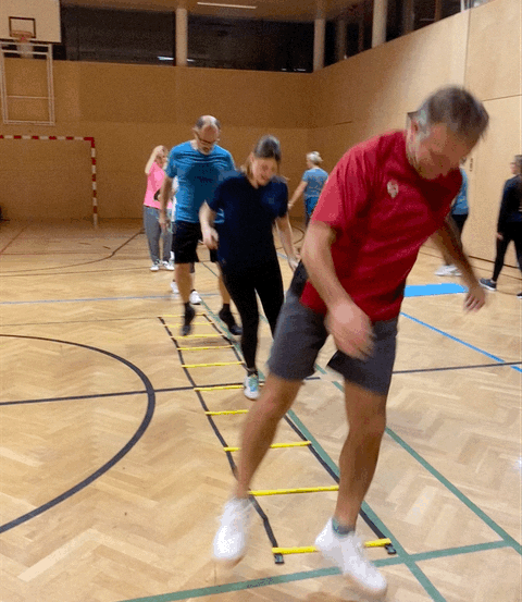 Eine Gruppe von Menschen macht Leiterübungen auf einem Basketballplatz. Eine Person springt über die Leiter, während andere gehen.