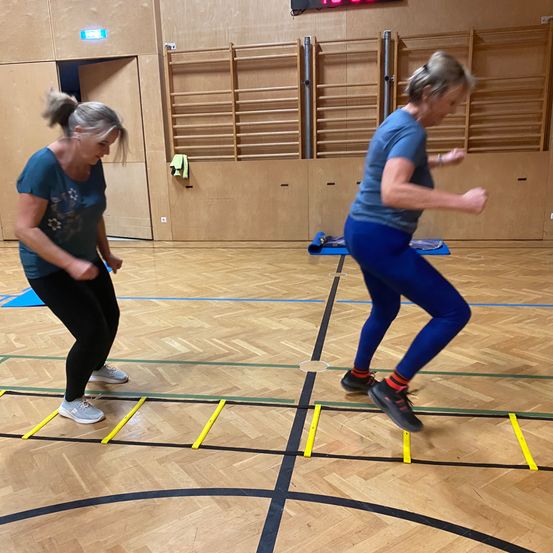 Zwei Frauen machen in einem Fitnessstudio Geschicklichkeitsübungen, eine springt über Hürden, während die andere zuschaut.