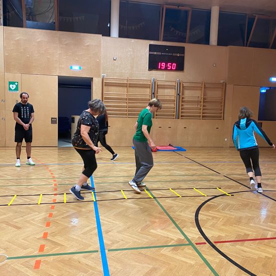 Fünf Personen sind in einer Turnhalle, zwei von ihnen gehen auf einer Leiter, während die anderen zuschauen. Die Turnhalle hat einen Holzboden und eine digitale Uhr an der Wand.