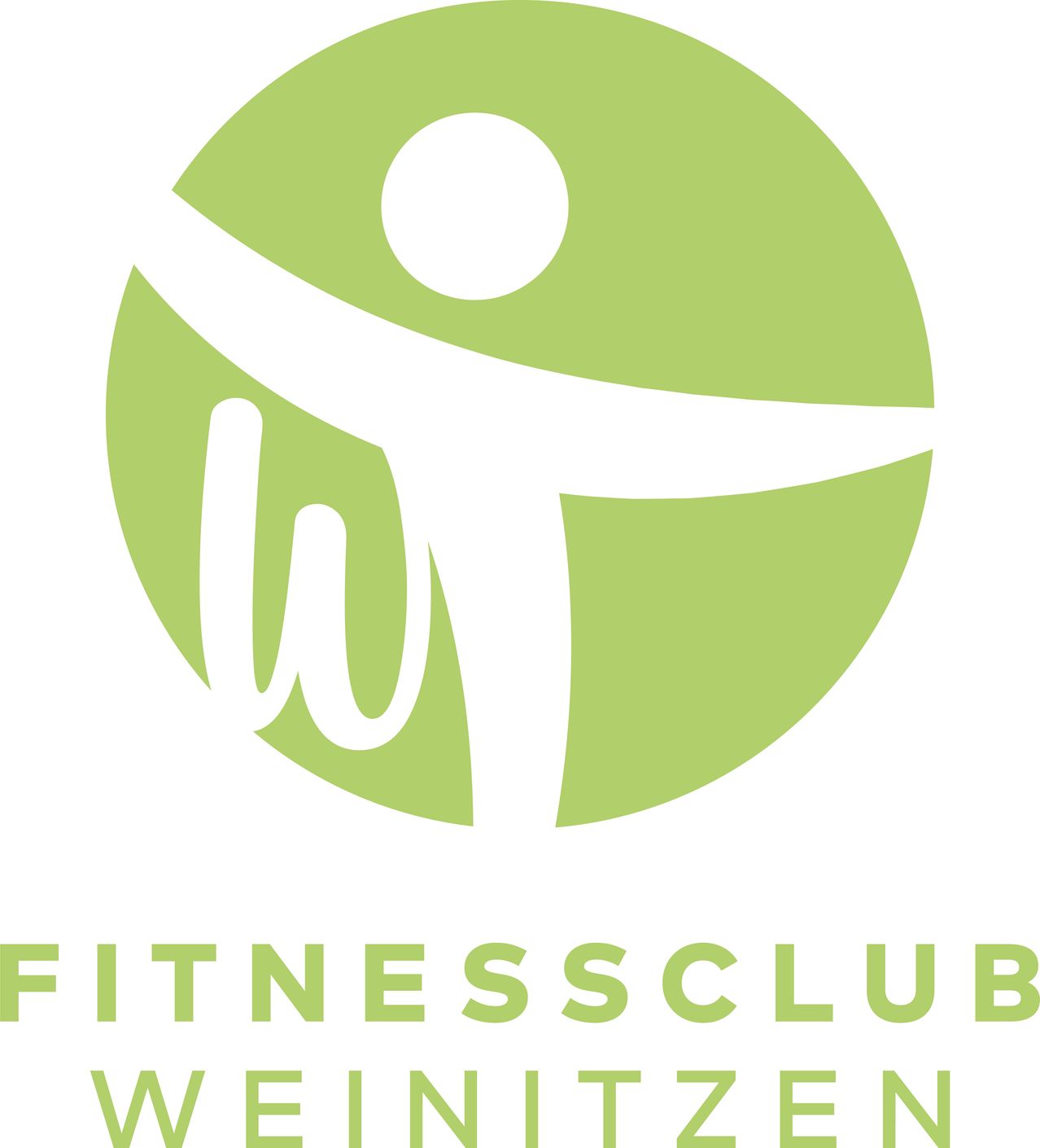 Grünes kreisförmiges Logo für Fitnessclub Weinitzen, mit einer stilisierten menschlichen Figur mit ausgestreckten Armen und einem weißen Kreis in der Mitte.