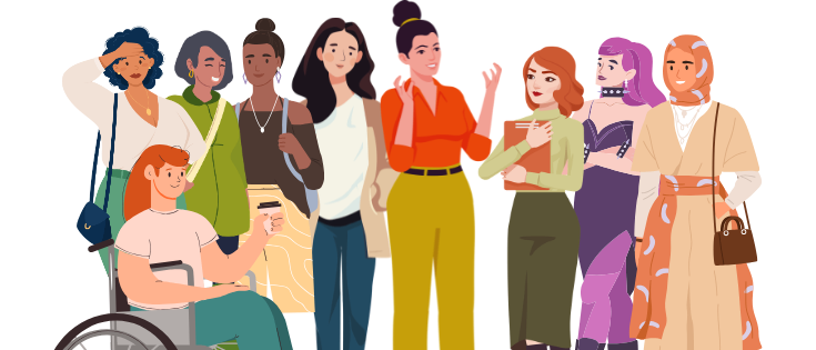 Eine vielfältige Gruppe von Frauen und einem Mann im Rollstuhl stehen zusammen, jede unterschiedlich gekleidet, einige halten Bücher und Tassen, und eine Frau gestikuliert.