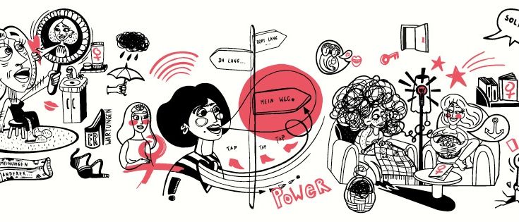 Eine Cartoon-Illustration mit verschiedenen Symbolen und Charakteren, darunter eine Frau mit Brille, ein roter Kreis mit der Aufschrift 'Mein Weg', ein Schild mit der Aufschrift 'Da Lang' und weitere Elemente wie ein Schlüssel, Bücher und eine Couch.