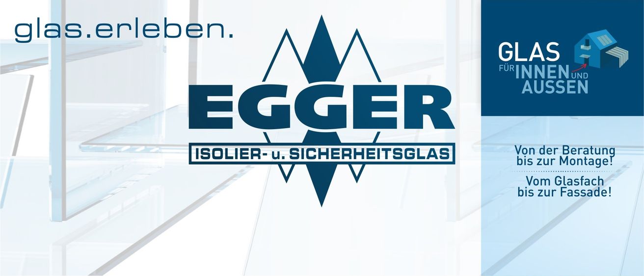 Das Egger-Logo mit einem blauen Stern, 'EGGER' in fetten Buchstaben und 'ISOLIERU.SICHERHEITSGLAS' darunter.