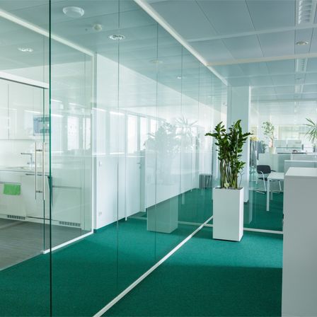 Ein Büroraum mit Glaswänden und grünem Teppich, mit einem Topfpflanzen und modernen Möbeln.