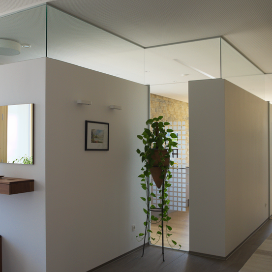 Ein modernes Interieur mit weißen Wänden, einer Glastrennwand, einem Spiegel, einem gerahmten Bild und einer Topfpflanze.