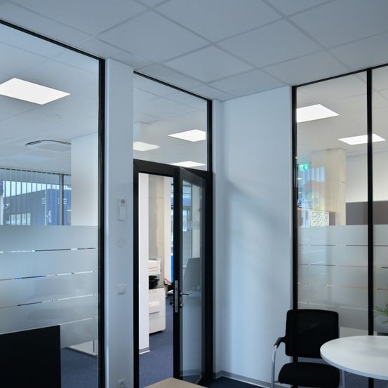 Ein Büroinnenraum mit Glaswänden und Trennwänden, ausgestattet mit einem schwarzen Stuhl, einem weißen Schreibtisch und einem Topf mit Pflanze. Der Raum ist gut beleuchtet mit Deckenleuchten.