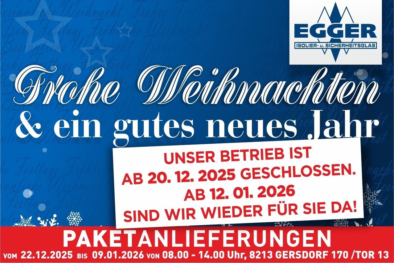 Plakat mit blauem Hintergrund, das Paketlieferungen vom 20.12.2025 bis 12.01.2026 ankündigt. Logo für E.G.G. Isolier-U.S.