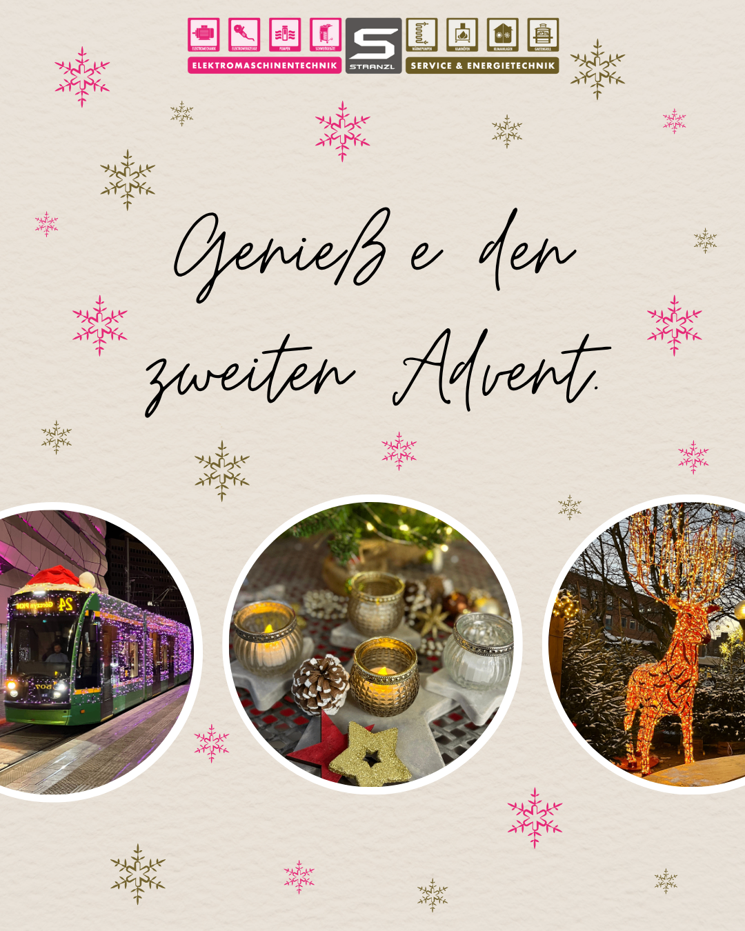 Eine mit Weihnachtslichtern geschmückte Straßenbahn, ein Tisch mit Kerzen und ein leuchtender Hirsch am zweiten Advent.